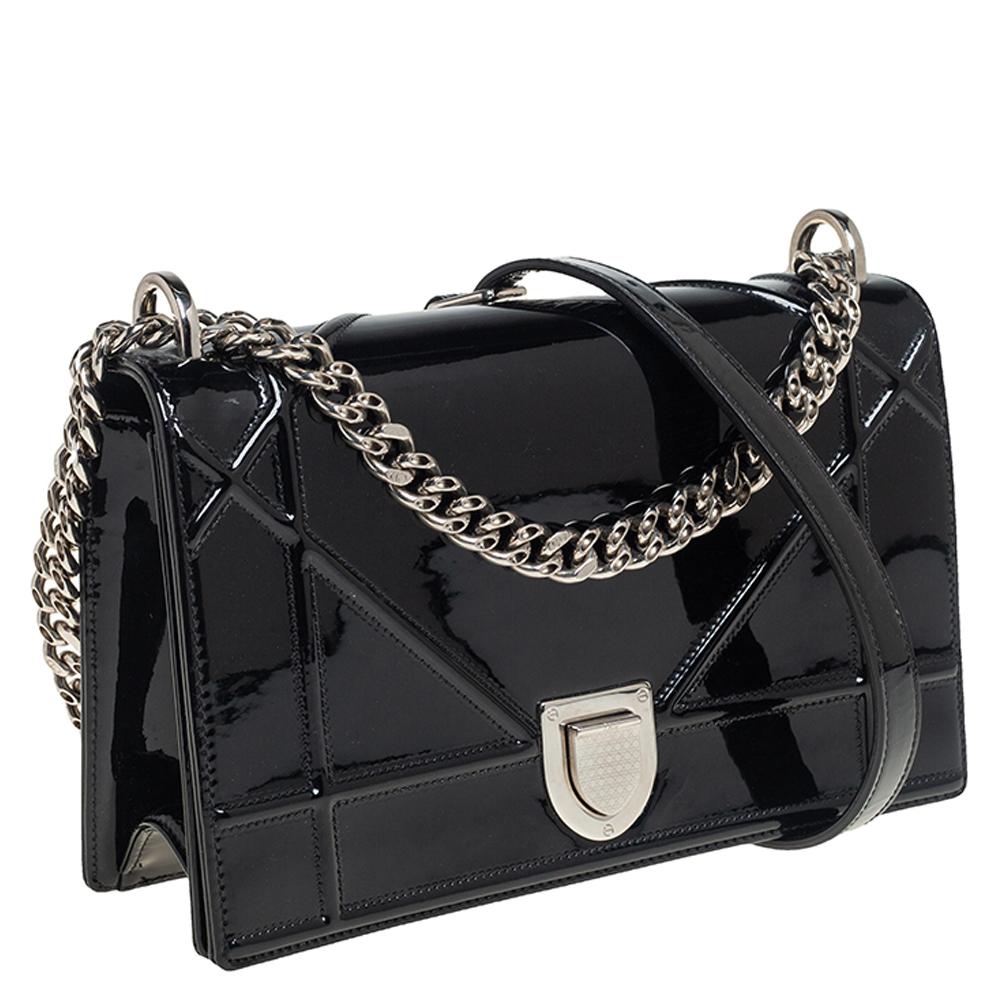 Dior Schwarzes Lackleder Medium Diorama Flap Umhängetasche Damen