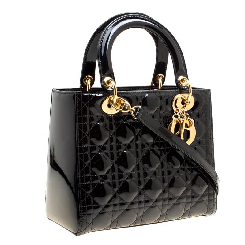 Dior Black Patent Leather Medium Lady Dior Top Handle Bag 6