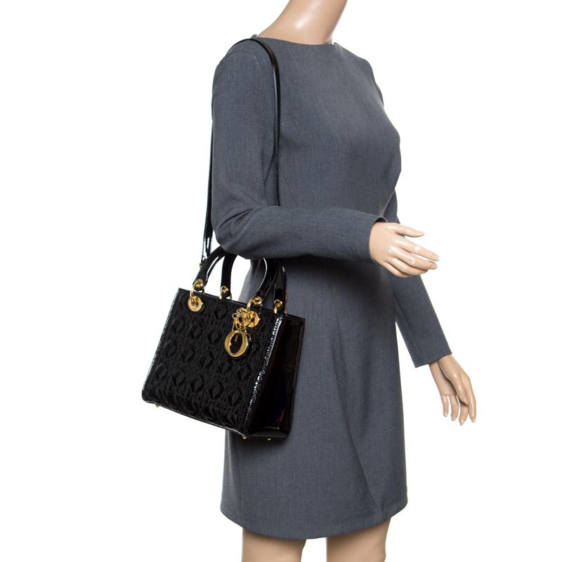 Dior Black Patent Leather Medium Lady Dior Top Handle Bag In Good Condition In Dubai, Al Qouz 2