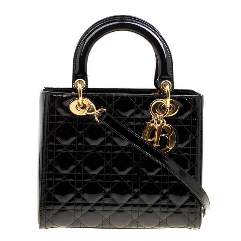 Dior Black Patent Leather Medium Lady Dior Top Handle Bag