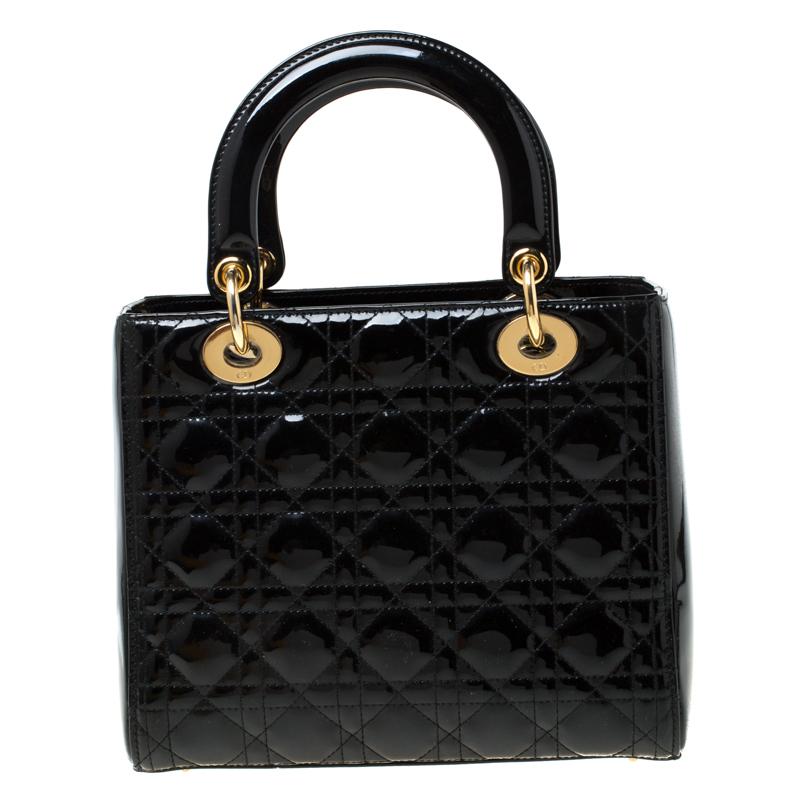 Dior Black Patent Leather Medium Lady Dior Tote at 1stDibs
