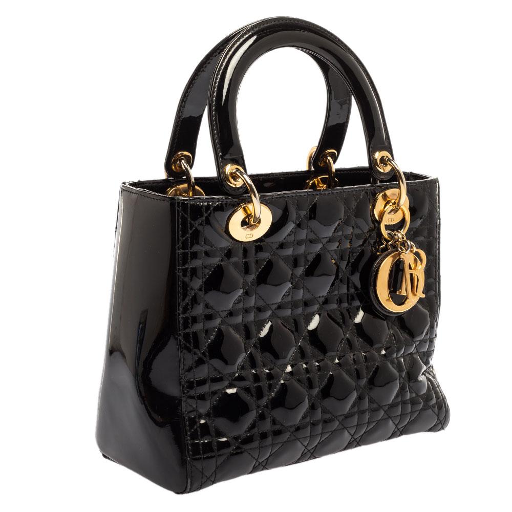 Dior Black Patent Leather Medium Lady Dior Tote In Good Condition In Dubai, Al Qouz 2