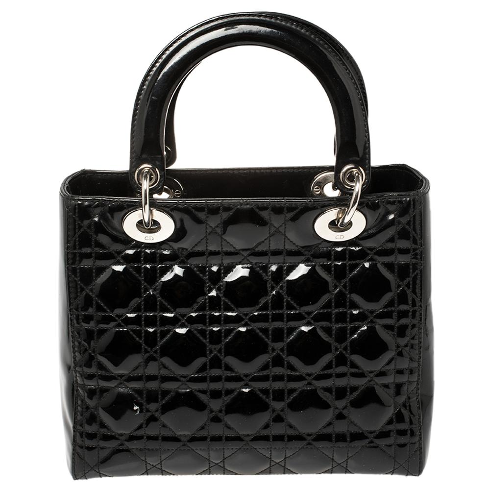 Women's Dior Black Patent Leather Medium Lady Dior Tote