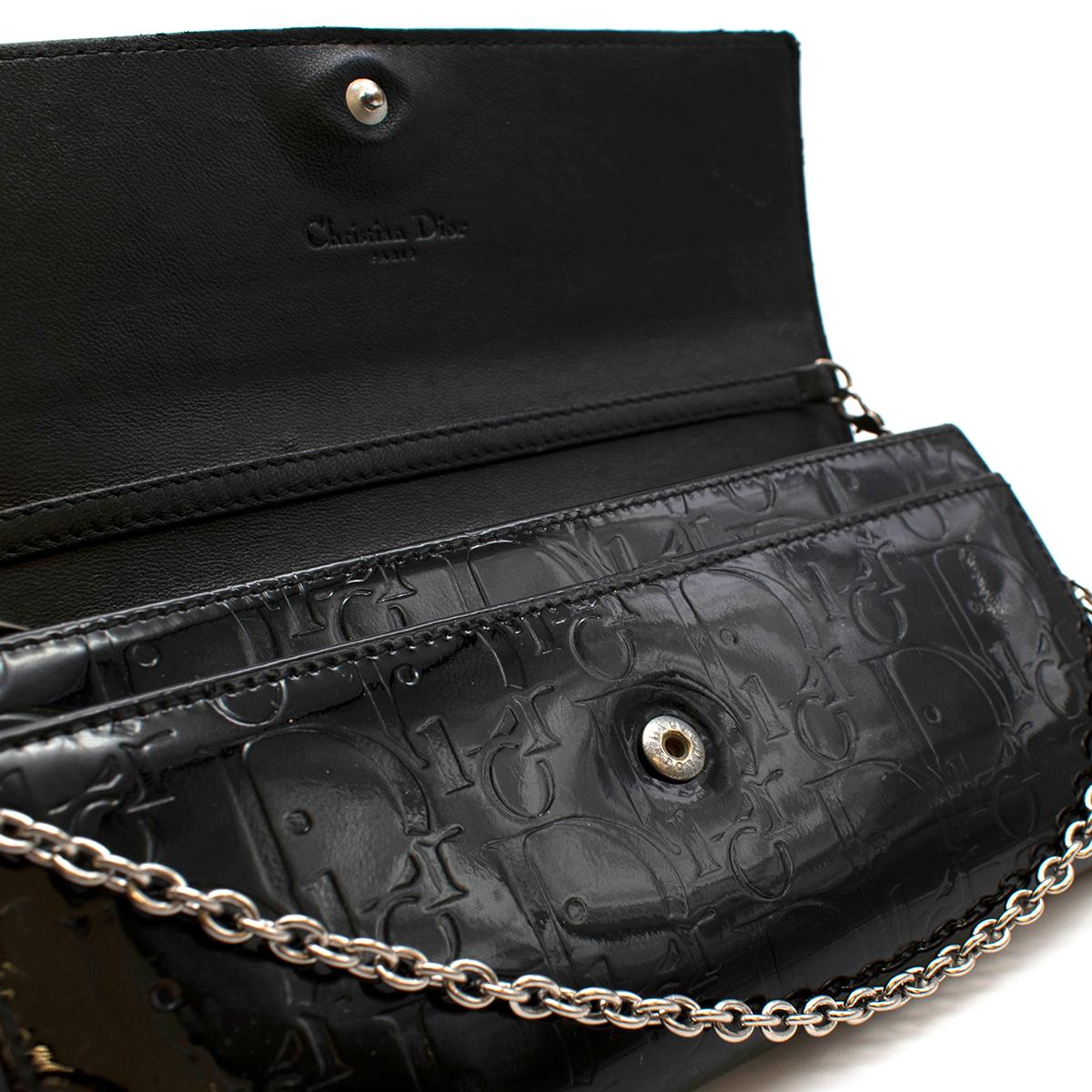Women's or Men's Dior Black Patent Leather Monogram Wallet on Chain For Sale