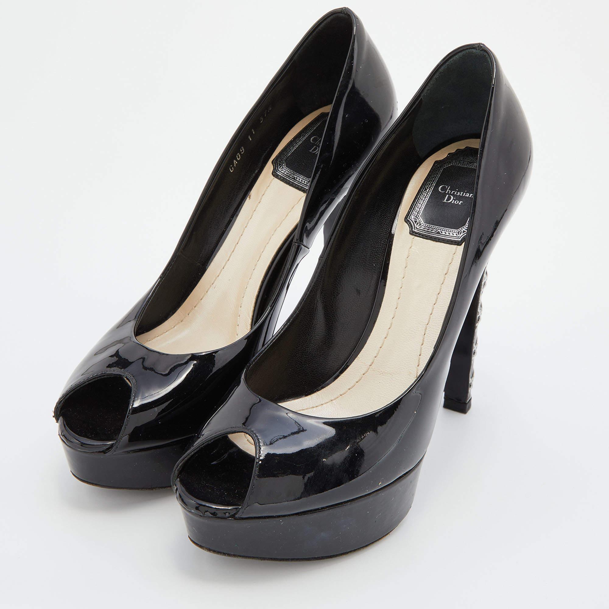 Dior Black Patent Leather Peep Toe Platform Pumps Size 37.5 1