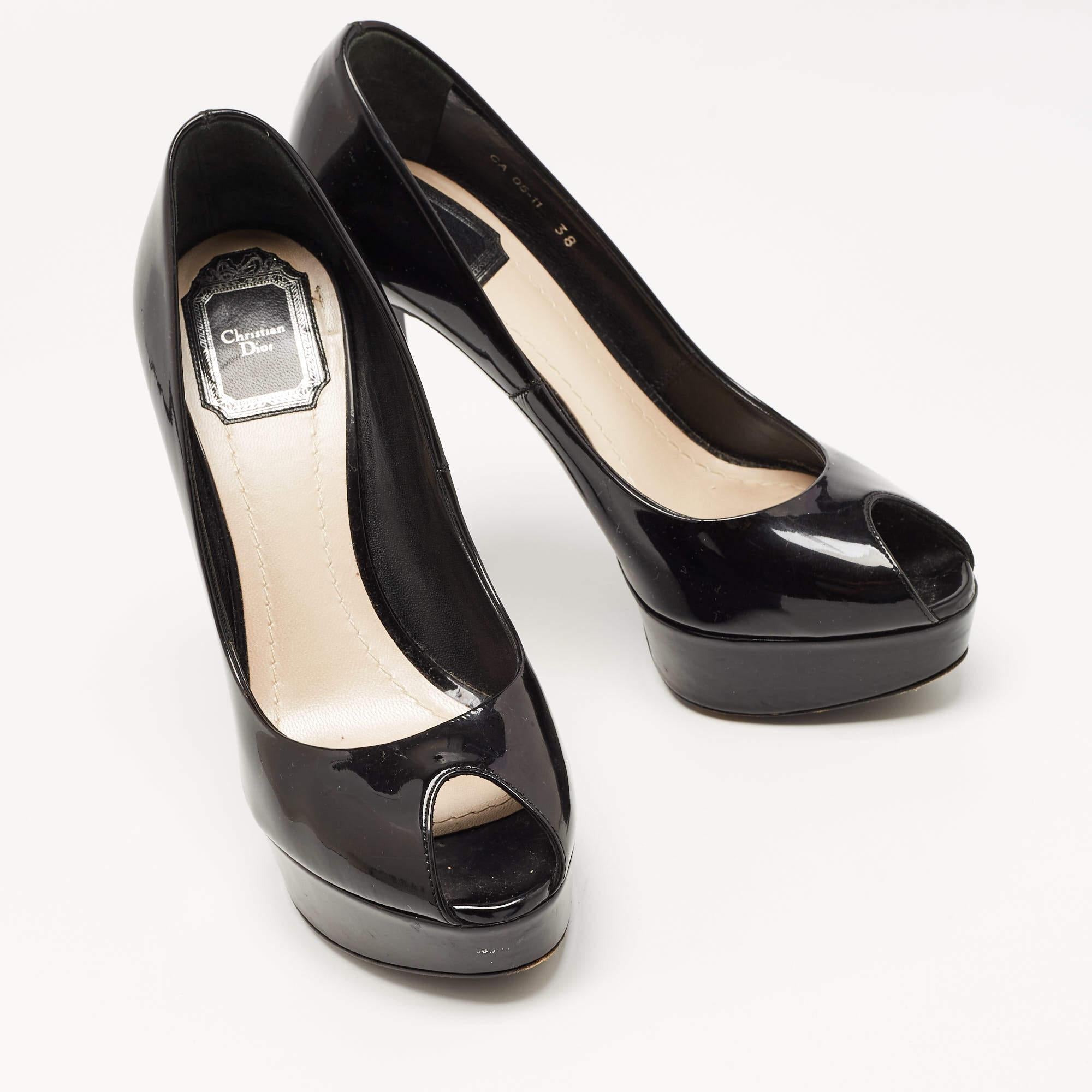 Dior Black Patent Leather Peep Toe Platform Pumps Size 38 2