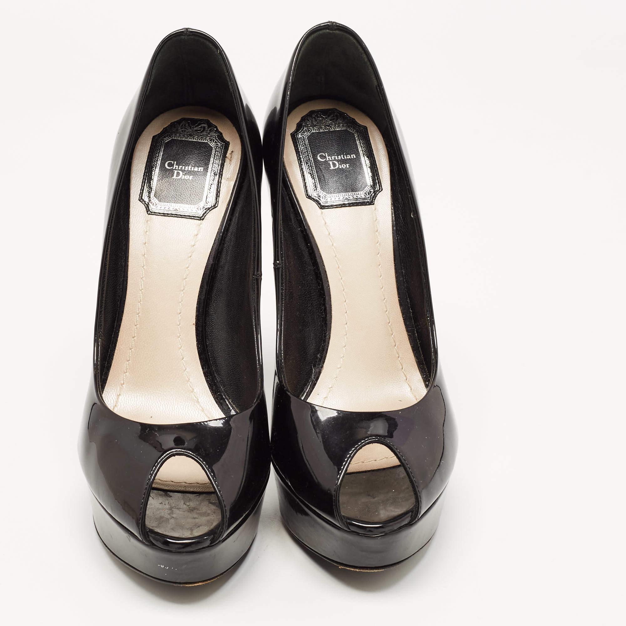 Dior Black Patent Leather Peep Toe Platform Pumps Size 38 3