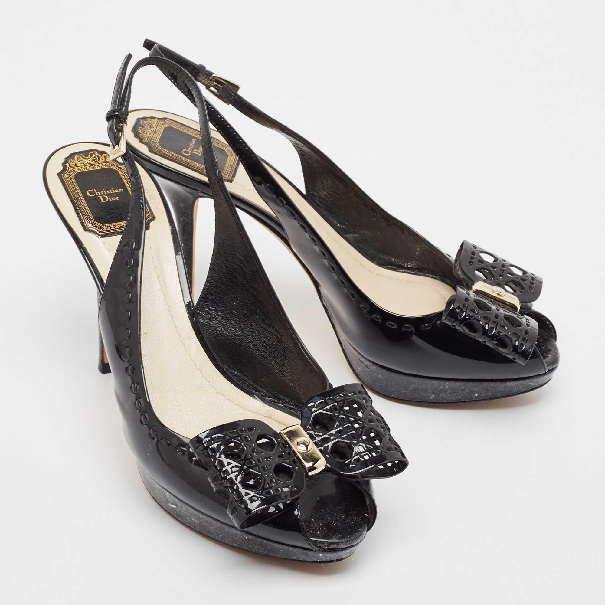 Women's Dior Black Patent Leather Peep Toe Slingback  Pumps Size 39.5