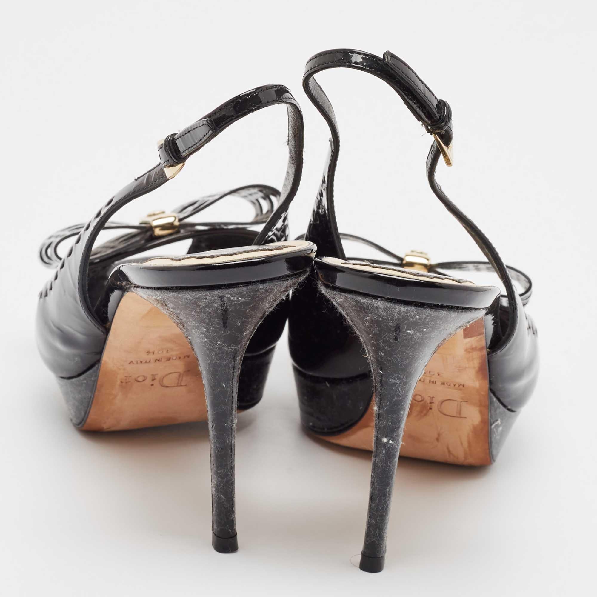 Dior Black Patent Leather Peep Toe Slingback  Pumps Size 39.5 1