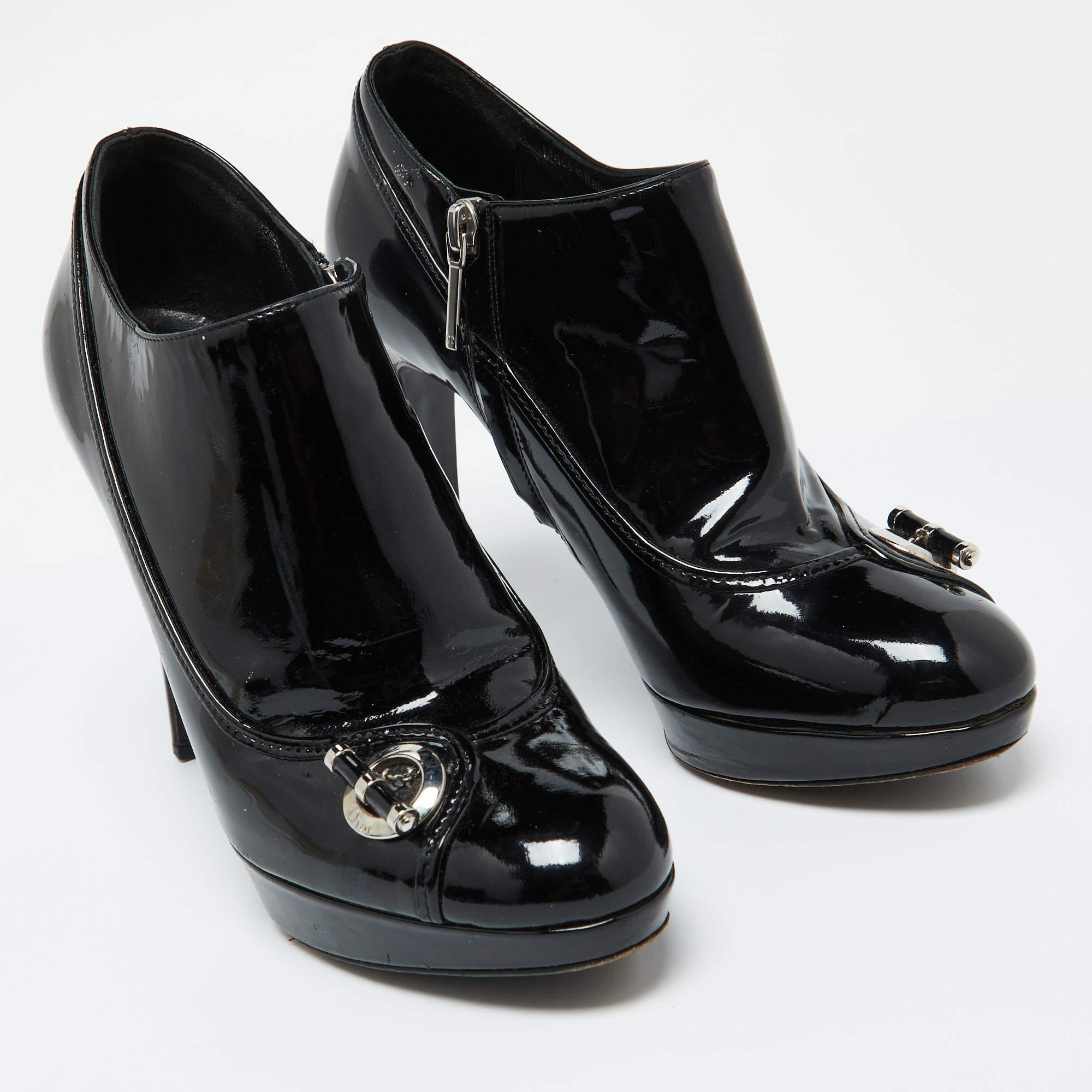 Women's Dior Black Patent Leather Platform Zip Ankle Booties Size 38.5 For Sale