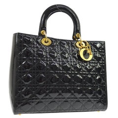 Dior Black Patent Leather Quilted Gold Charm Large Top Handle Satchel Tote Bag