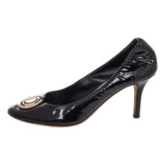 Dior Black Patent Leather Round Metal Logo Scrunch Pumps Size 37
