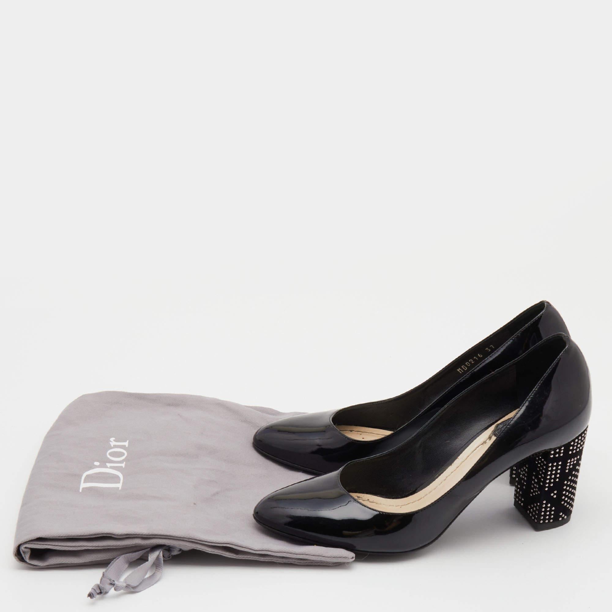 Dior Black Patent Leather Studded Block Heel Pumps Size 37 6