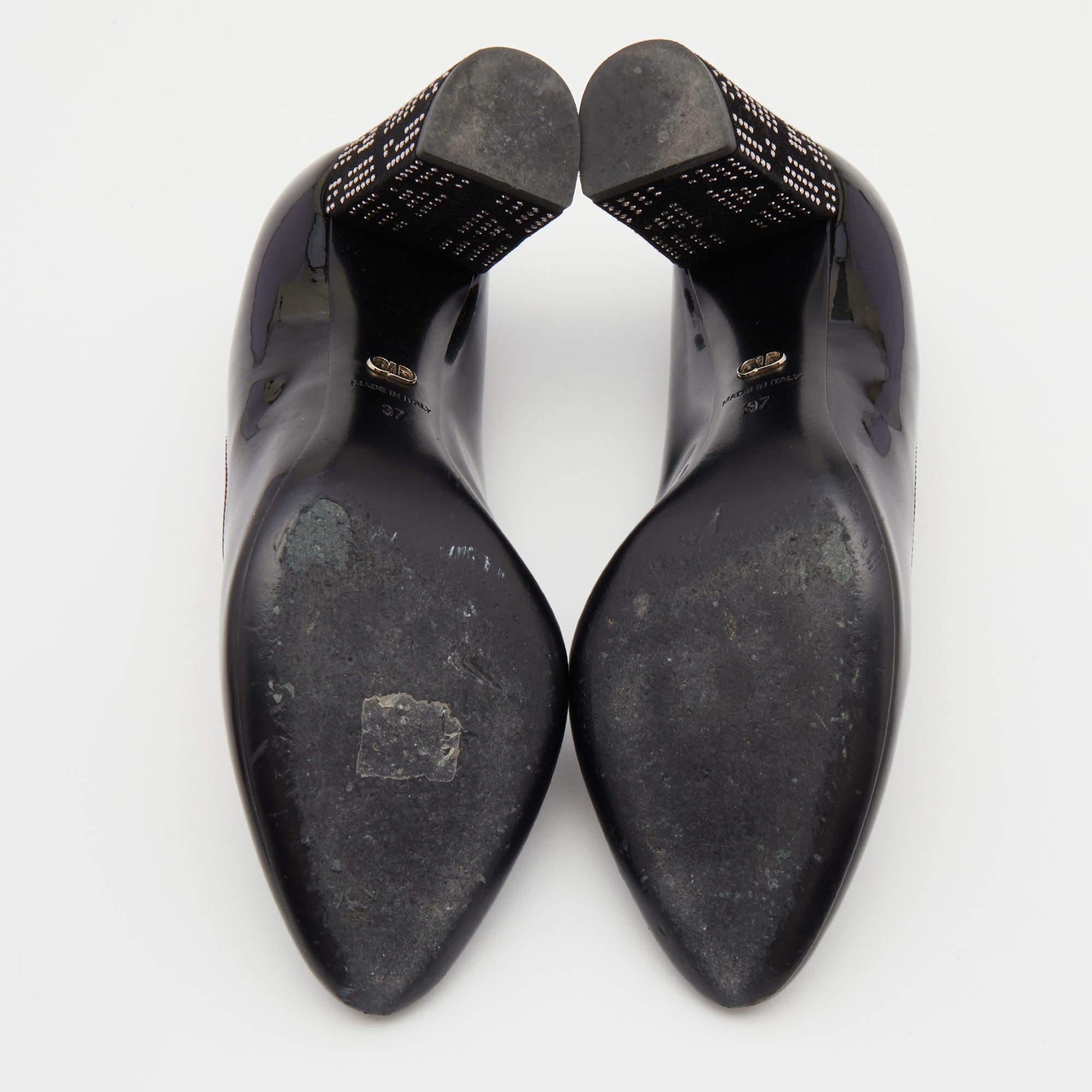 Dior Black Patent Leather Studded Block Heel Pumps Size 37 2