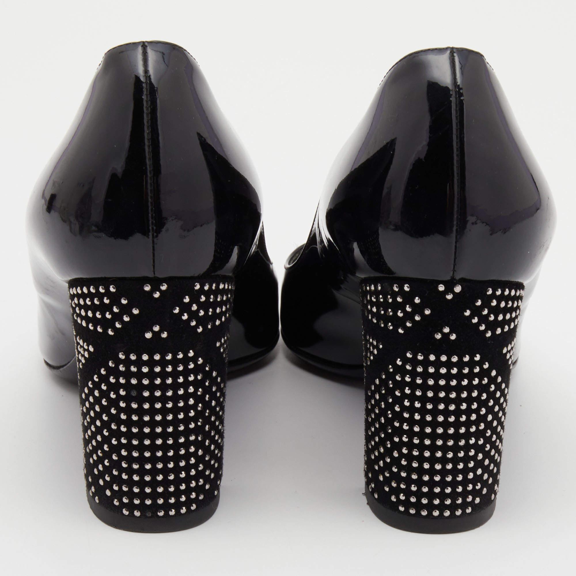 Dior Black Patent Leather Studded Block Heel Pumps Size 37 3