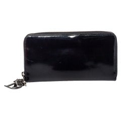 Used Dior Black Patent Leather Zip Around Lady Dior Wallet