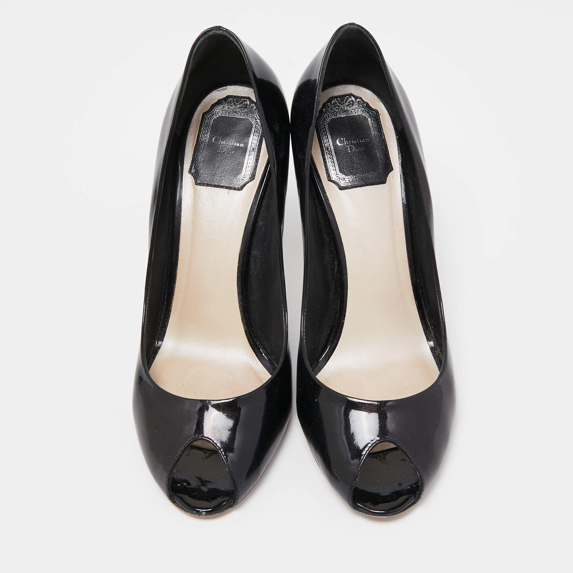 Dior Black Patent Miss Dior Peep Toe Pumps Size 38 In Good Condition For Sale In Dubai, Al Qouz 2