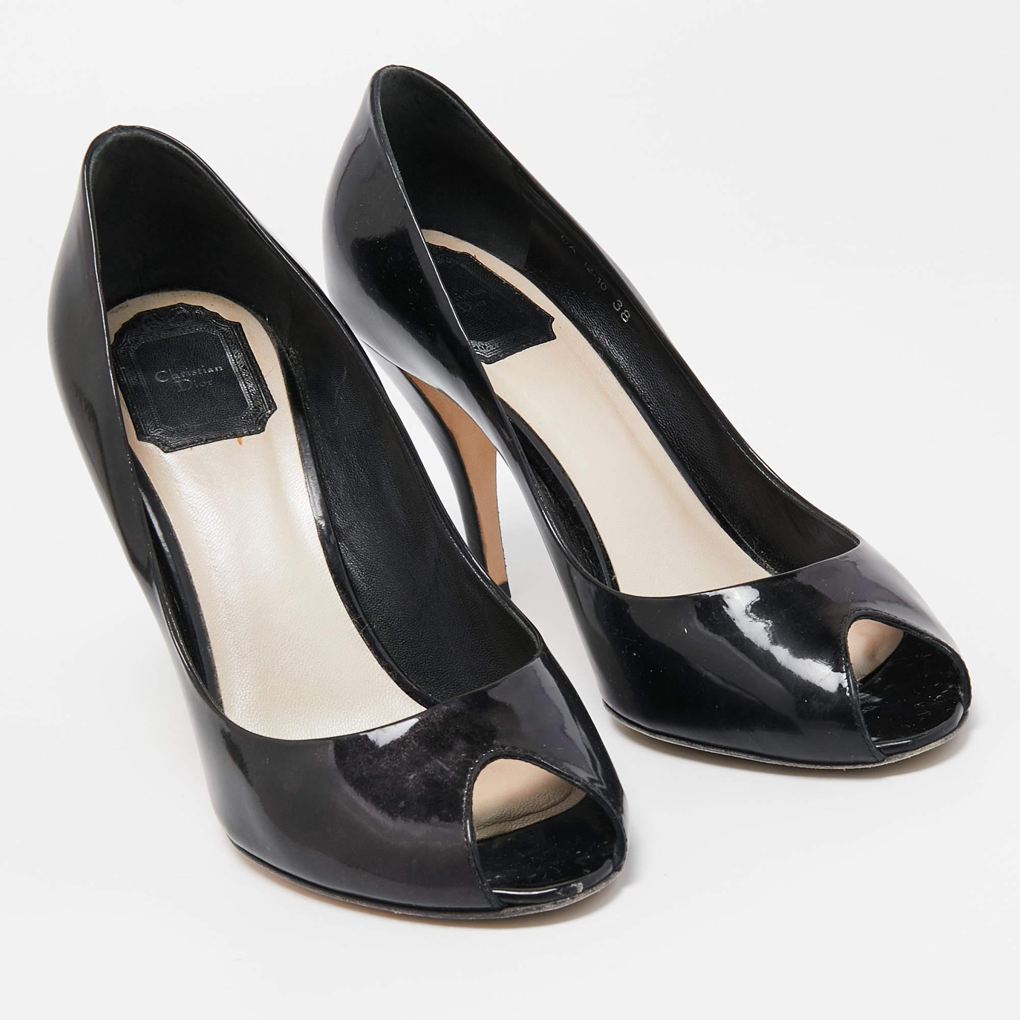 Women's Dior Black Patent Miss Dior Peep Toe Pumps Size 38 For Sale