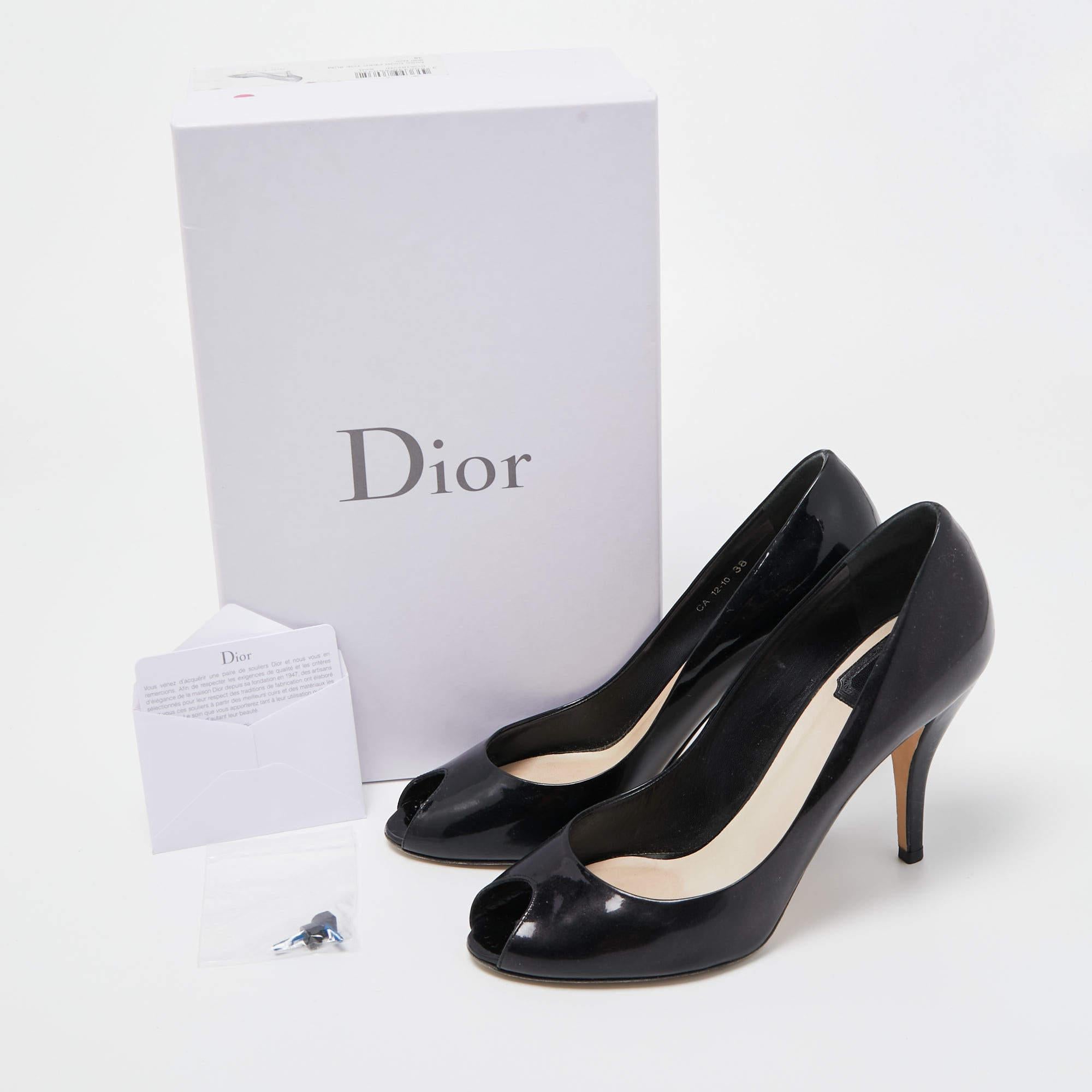 Dior Black Patent Miss Dior Peep Toe Pumps Size 38 For Sale 5