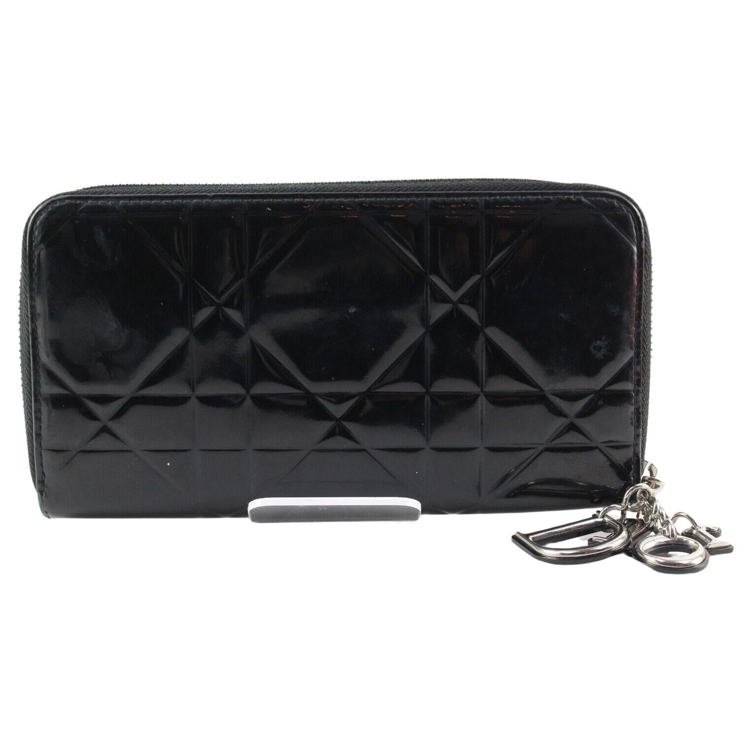 DIOR Black Patent Quilted Cannage Lady Long Zippy Wallet 3DD1214K For Sale