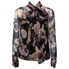 Dior Black & Peach Floral Print Silk Neck Tie Detail Blouse S