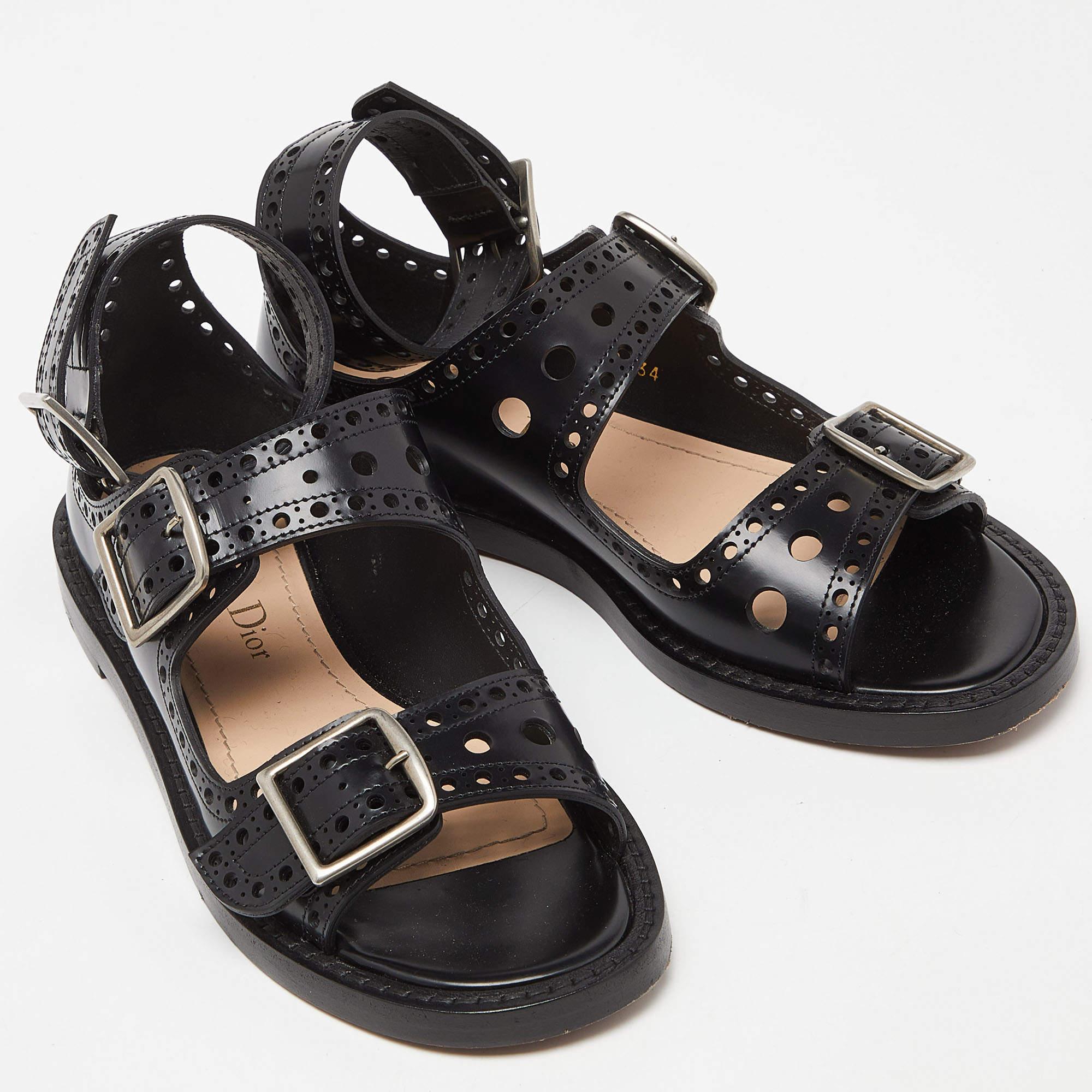 Dior Black Perforated Leather Teddy D Buckles Flat Sandals Size 34 In Good Condition For Sale In Dubai, Al Qouz 2