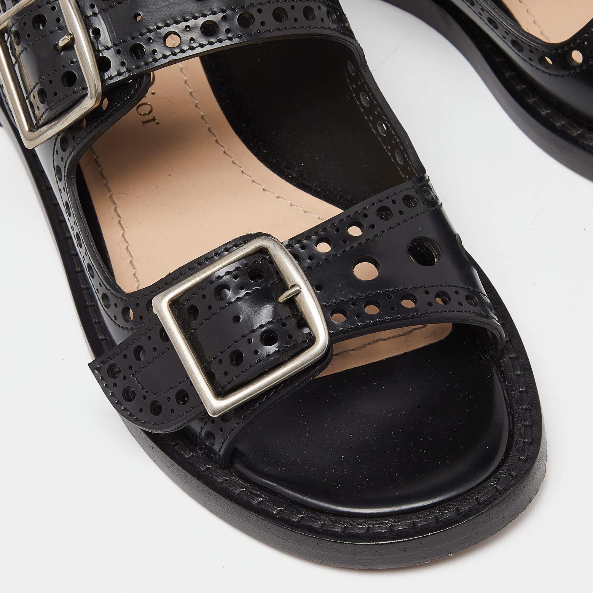 Dior Black Perforated Leather Teddy D Buckles Flat Sandals Size 34 For Sale 3