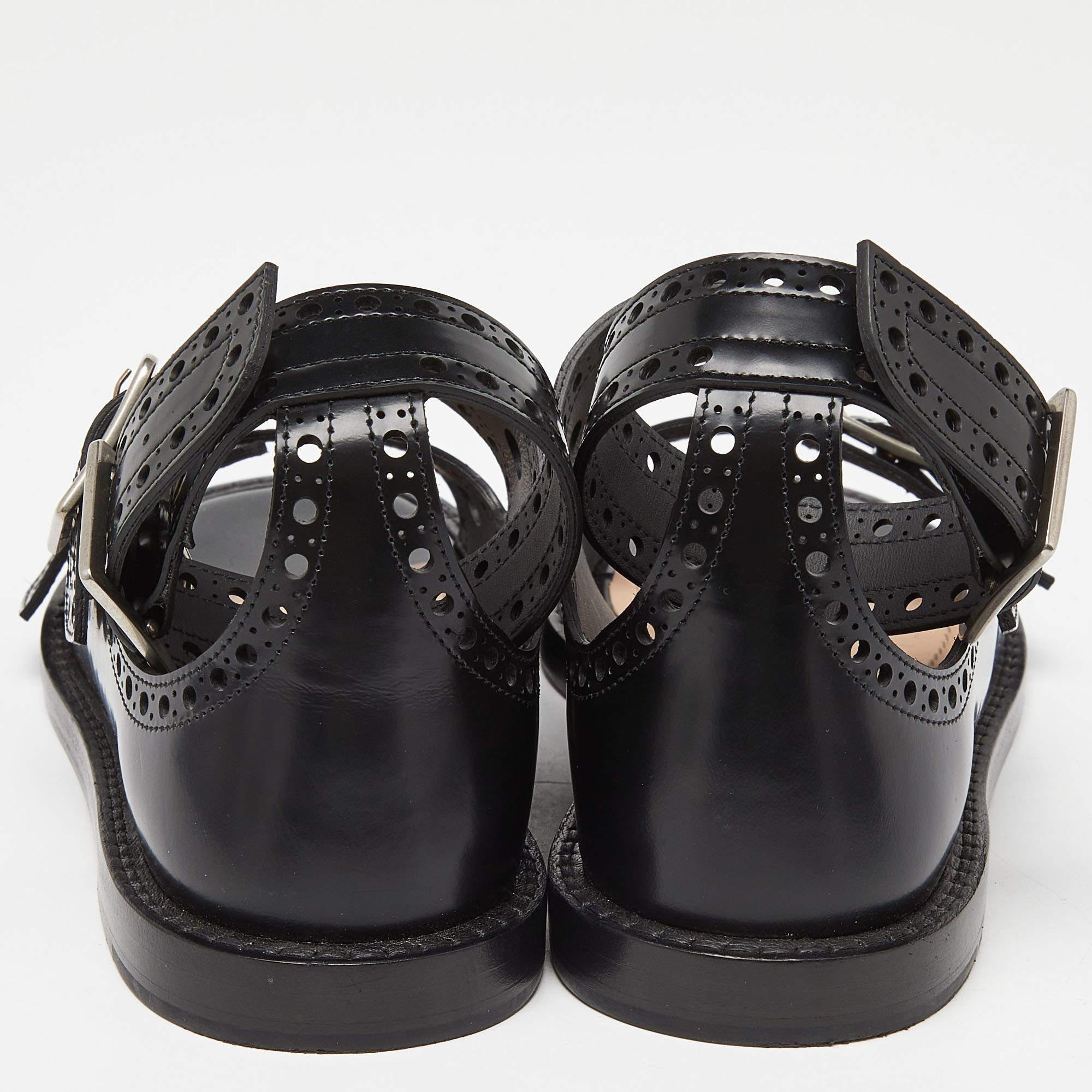 Dior Black Perforated Leather Teddy D Buckles Flat Sandals Size 34 For Sale 4