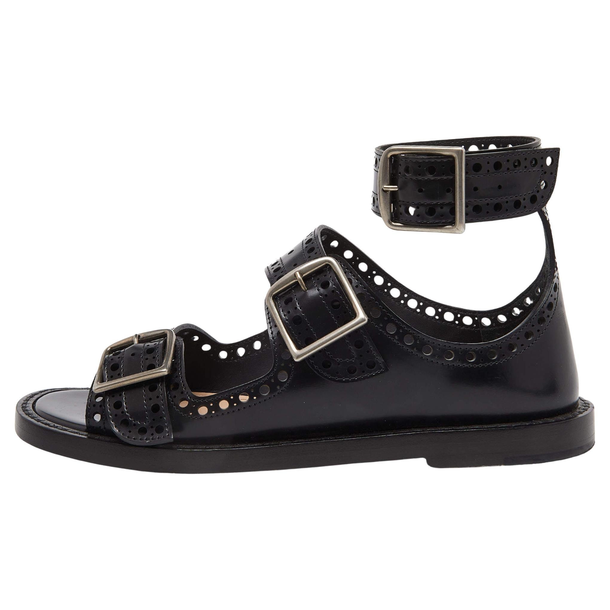 Dior Black Perforated Leather Teddy D Buckles Flat Sandals Size 34 For Sale