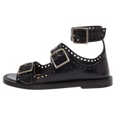 Dior Black Perforated Leather Teddy D Buckles Flat Sandals Size 34