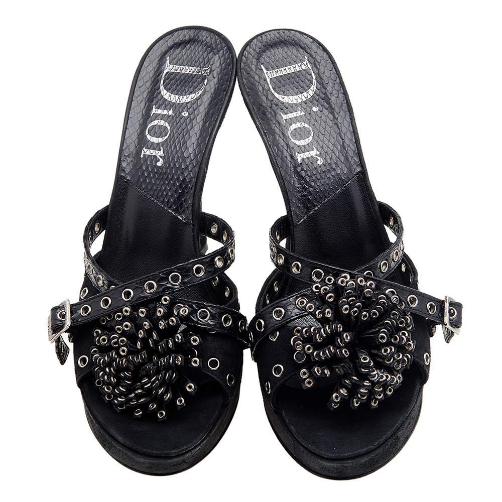 Women's Dior Black Perforated Suede And Python Embellished Platform Slide Sandals Size 3 For Sale
