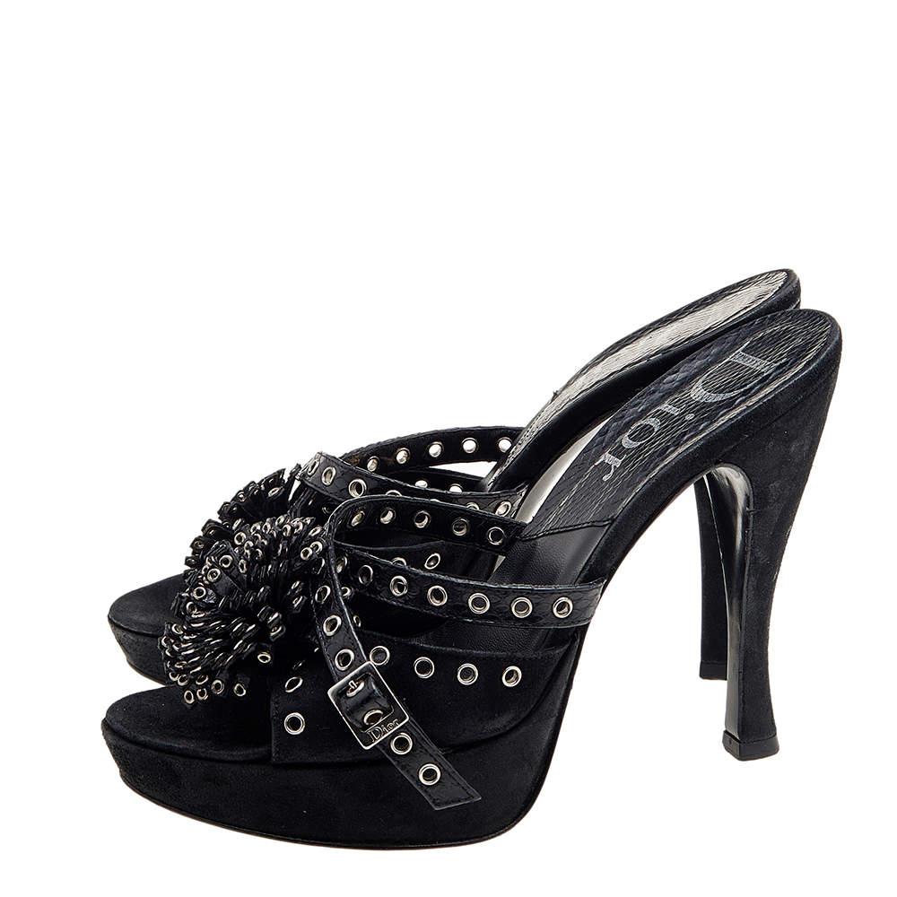 Dior Black Perforated Suede And Python Embellished Platform Slide Sandals Size 3 For Sale 3