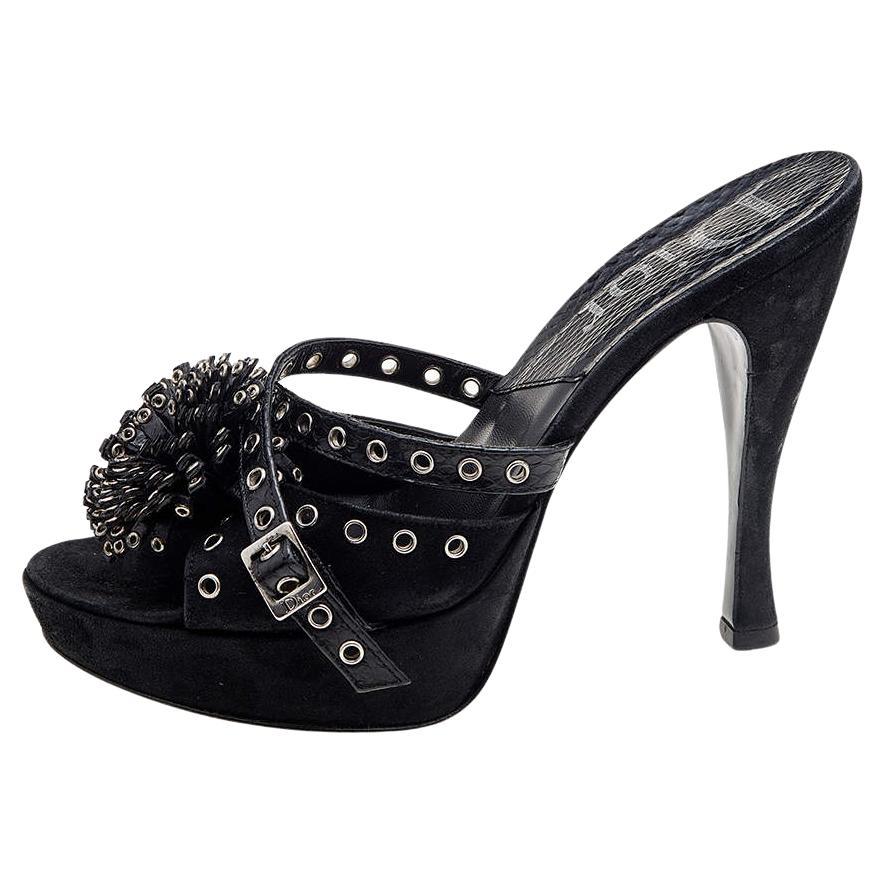 Dior Black Perforated Suede And Python Embellished Platform Slide Sandals Size 3 For Sale