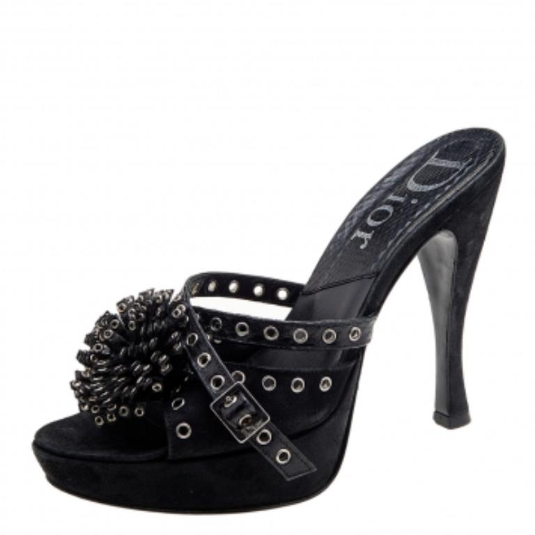 Dior Black Perforated Suede & Python Embellished Platform Slide Sandals Size 37 In Fair Condition For Sale In Dubai, Al Qouz 2
