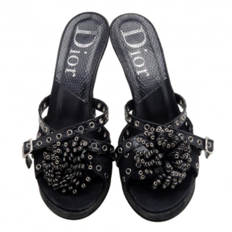 Dior Black Perforated Suede & Python Embellished Platform Slide Sandals Size 37 For Sale 1