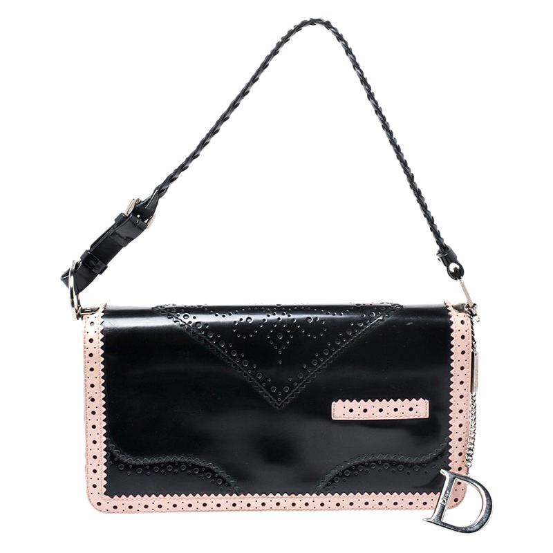 Dior Black/Pink Leather Brogue D'Trick Shoulder Bag For Sale at