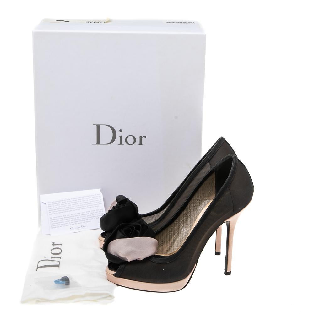 Dior Black/Pink Mesh Garden Flower Detail Peep Toe Pumps Size 36.5 1