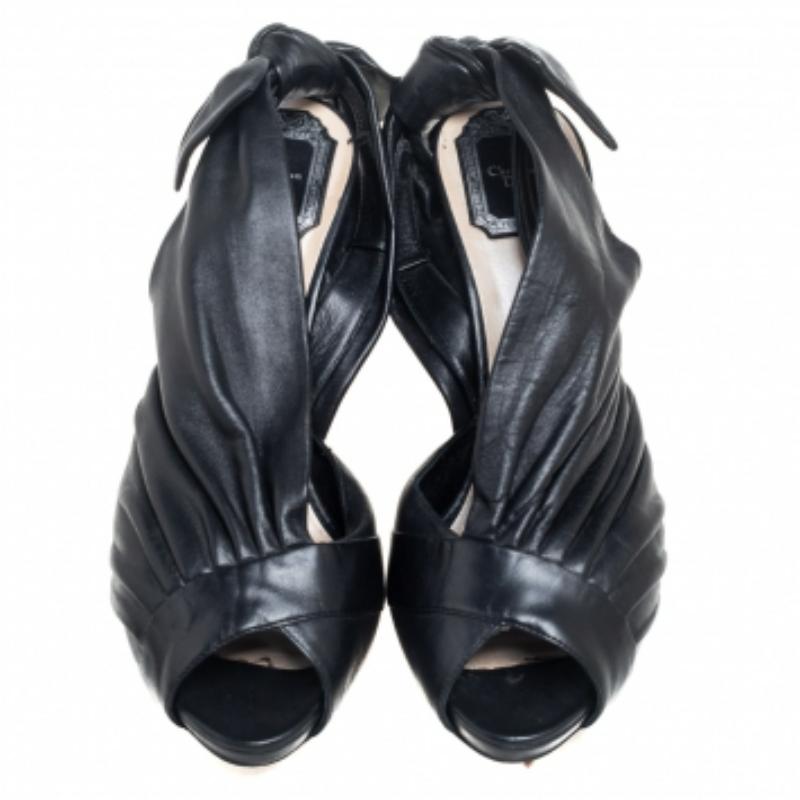 Dior Black Pleated Leather Peep-Toe D'orsay Bow Slingback Sandals Size 40.5 2