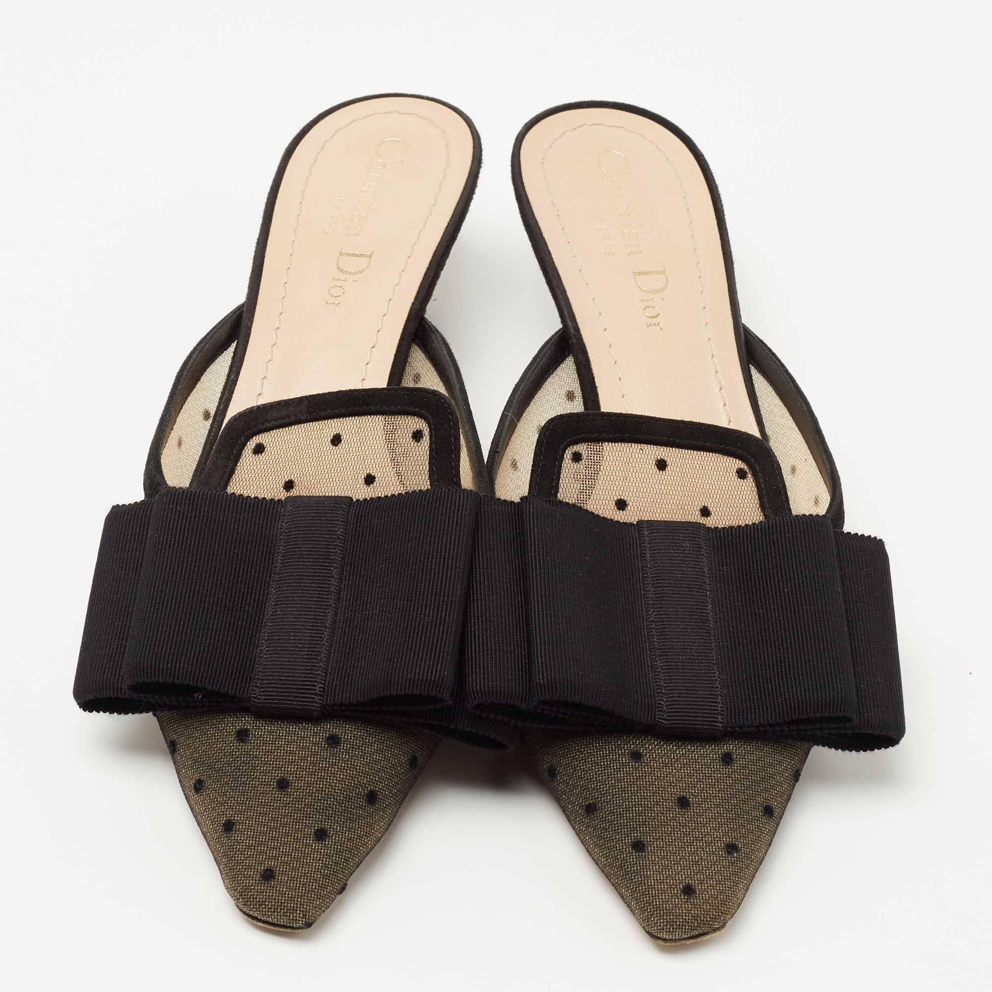 Dior Black Polka Dot Mesh and Canvas Bow Pointed Toe Mules Size 37 3