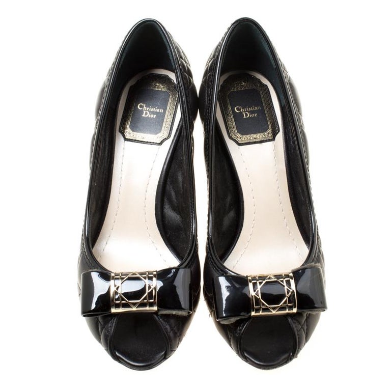 Dior Black Quilted Cannage Leather Bow Detail Peep Tow Pumps Size 34.5 ...