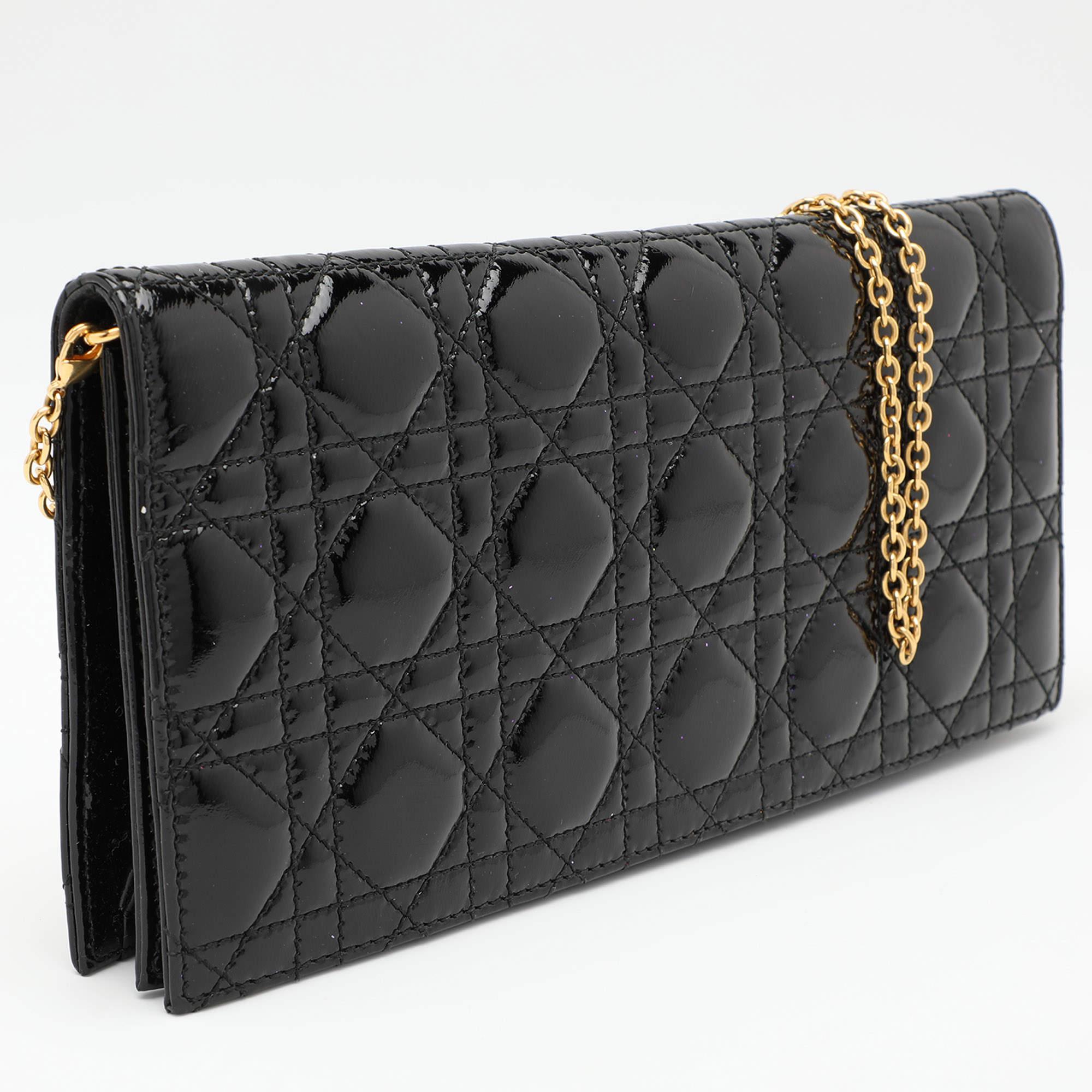 Nero Dior Black Quilted Cannage Patent Leather Lady Dior Chain Clutch