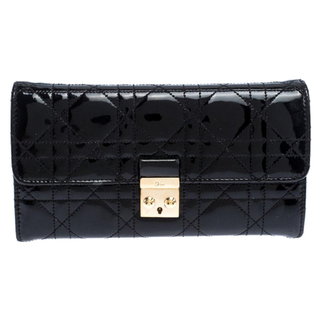 Dior Black Quilted Cannage Patent Leather New Lock Wallet