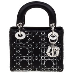 Used Dior Black Rhinestone Cannage Satin Mini Lady Dior Tote