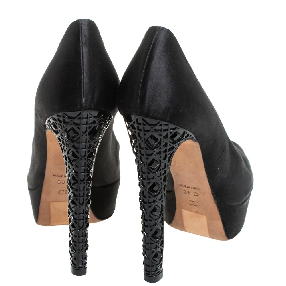 Women's Dior Black Satin Cannage Heel Peep Toe Platform Pumps Size 36