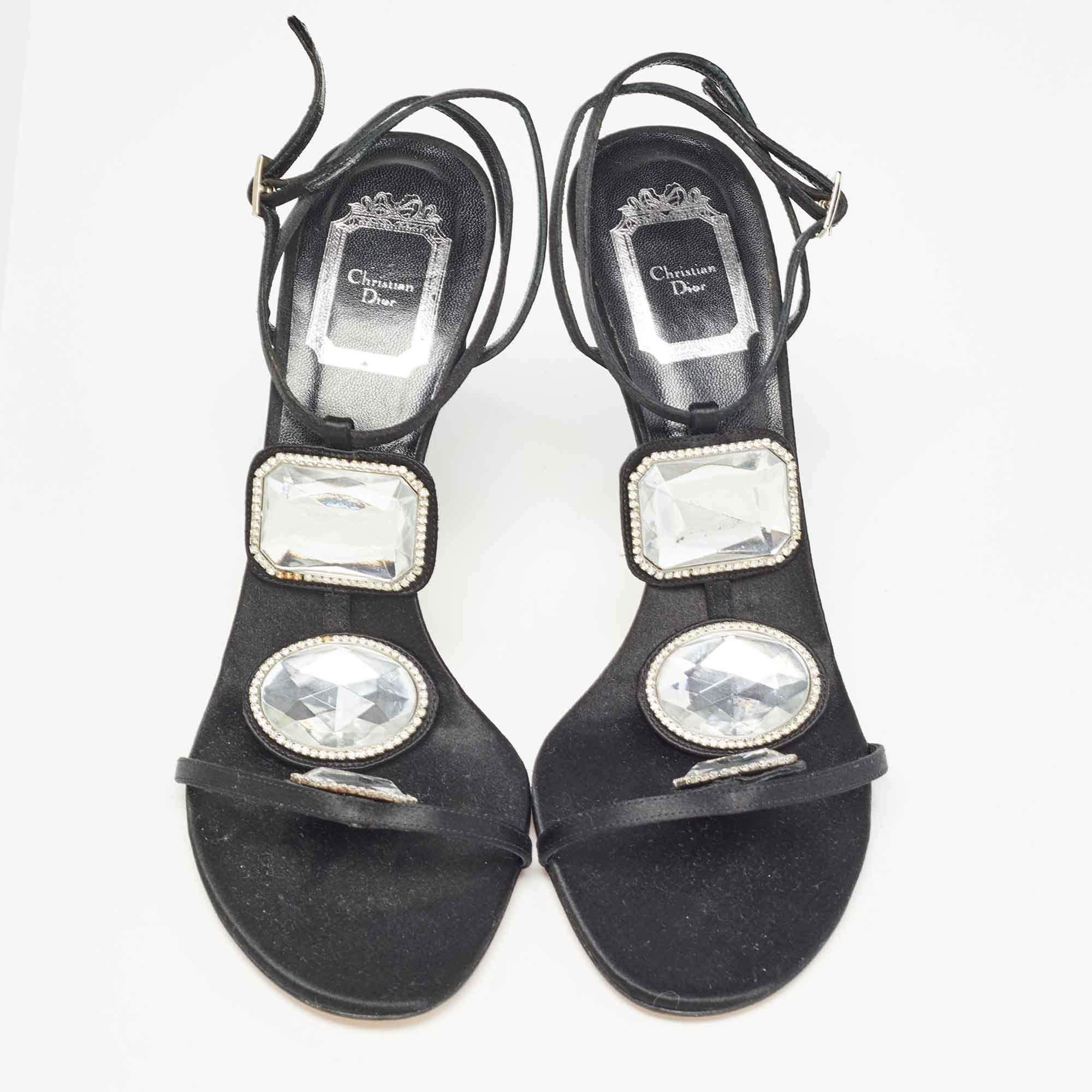 Dior Black Satin Crystal Embellished Ankle Strap Sandals Size 39.5 In Excellent Condition In Dubai, Al Qouz 2