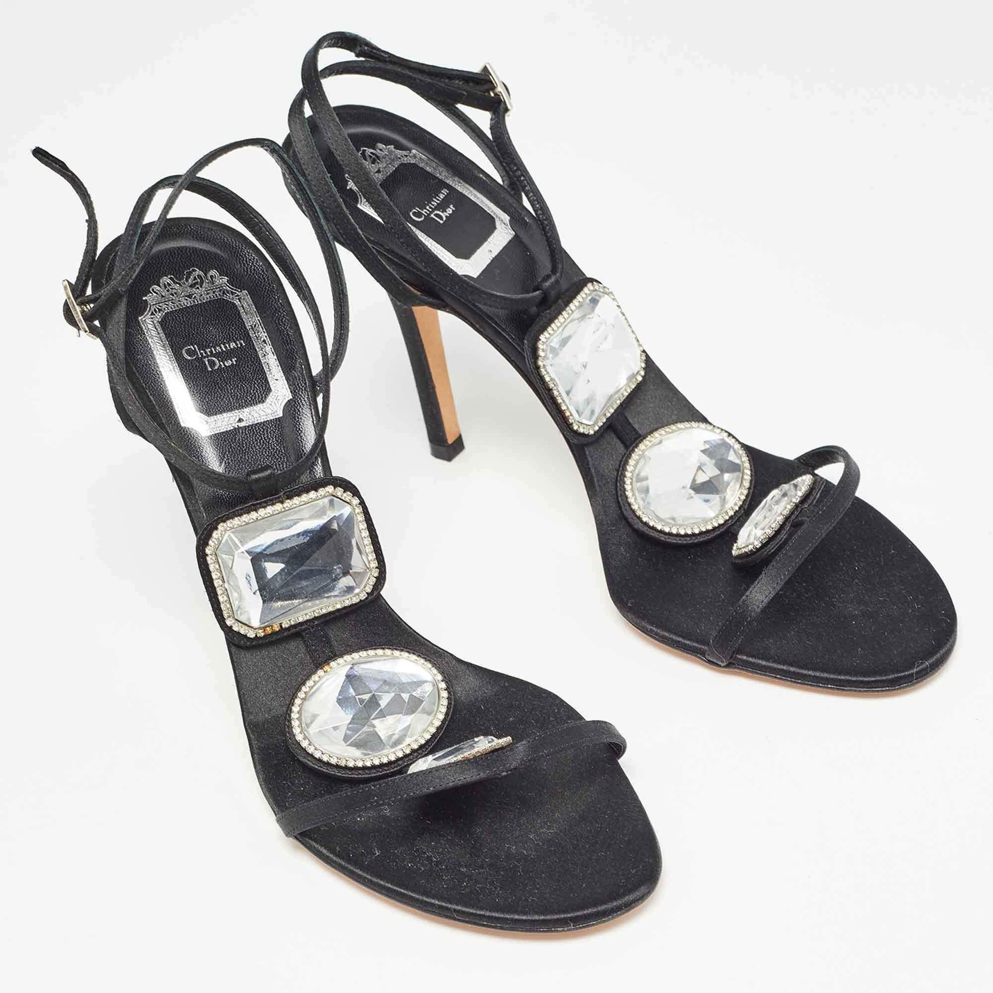 Women's Dior Black Satin Crystal Embellished Ankle Strap Sandals Size 39.5
