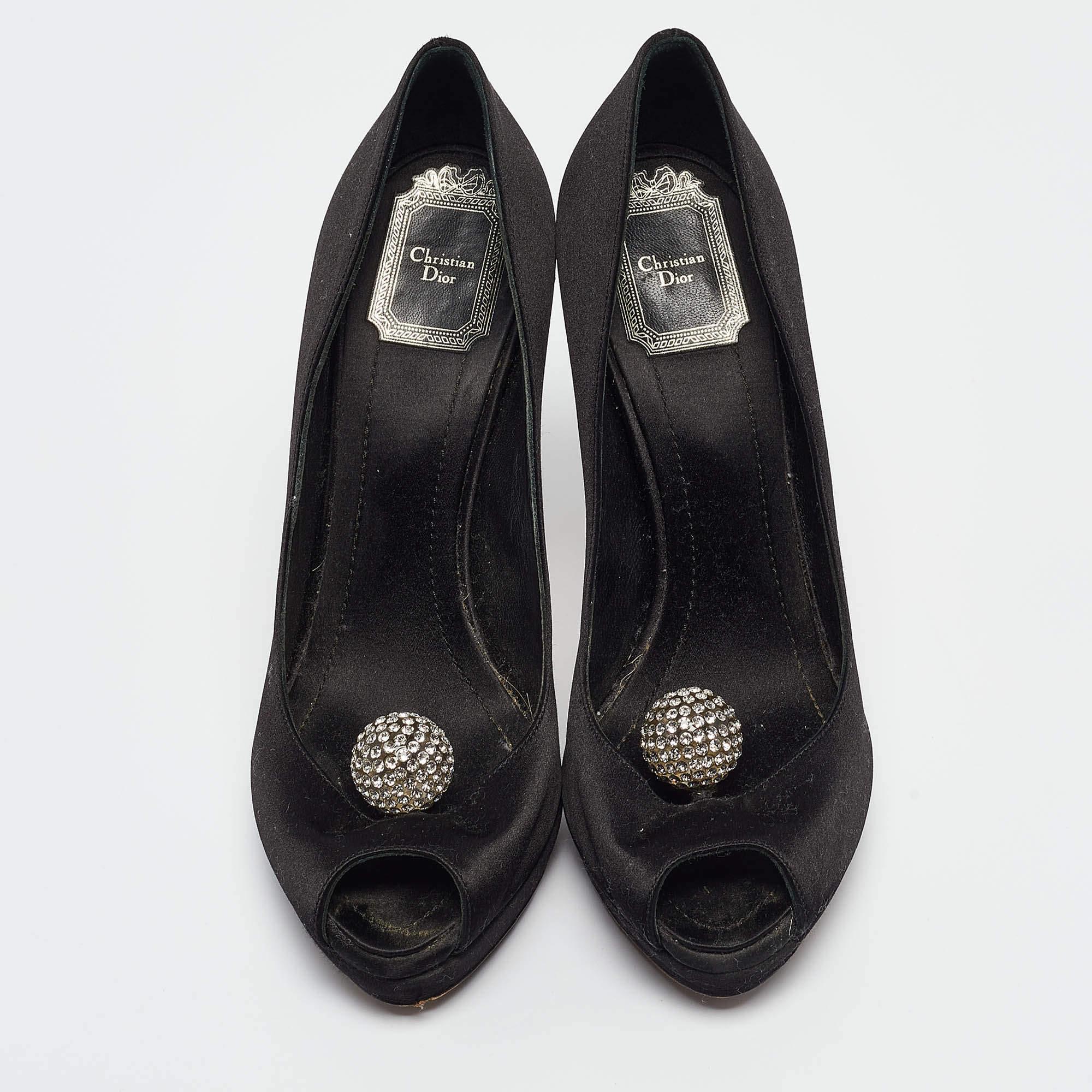 Dior Black Satin Crystal Embellished Disco Ball Peep Toe Pumps Size 37.5 In Good Condition In Dubai, Al Qouz 2