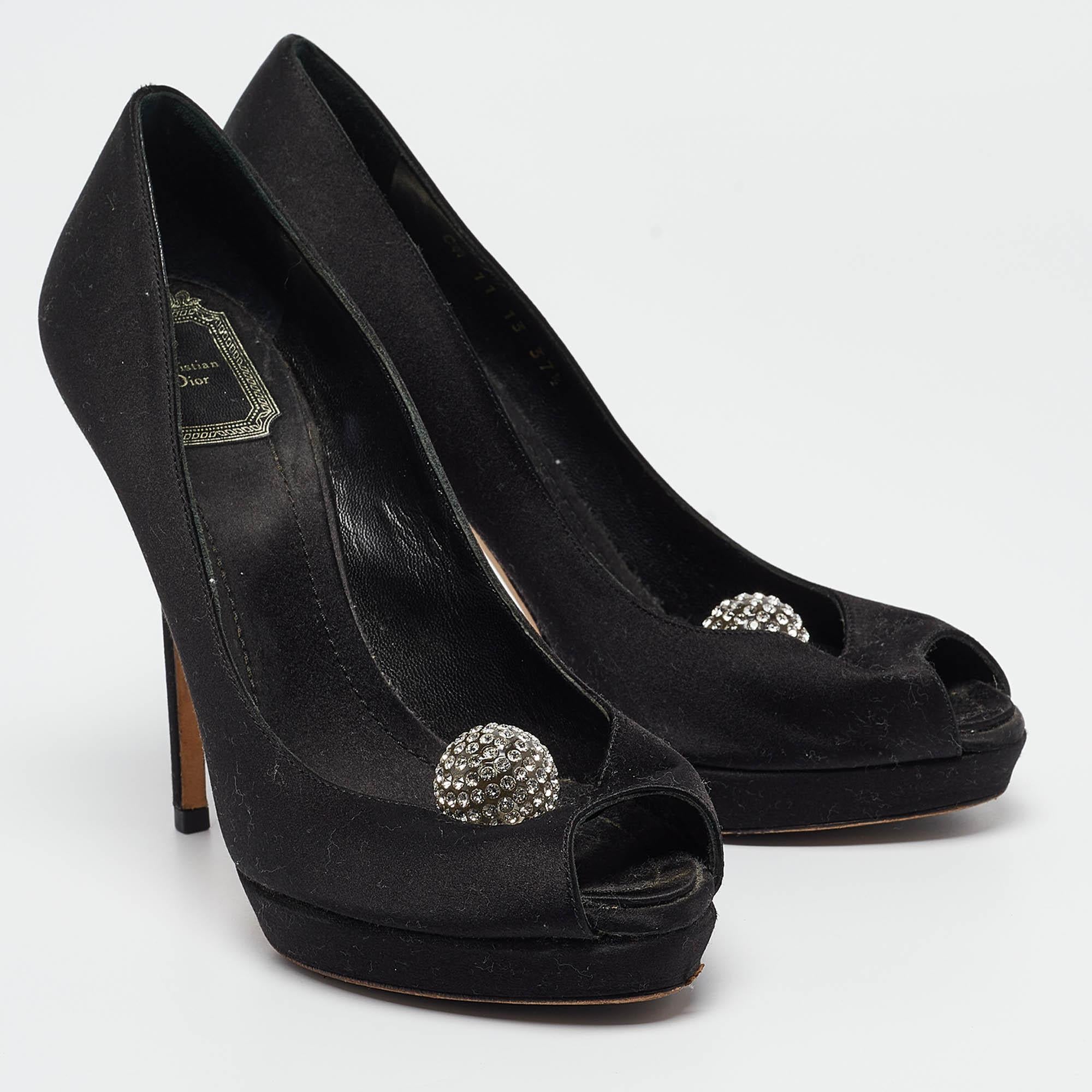 Women's Dior Black Satin Crystal Embellished Disco Ball Peep Toe Pumps Size 37.5