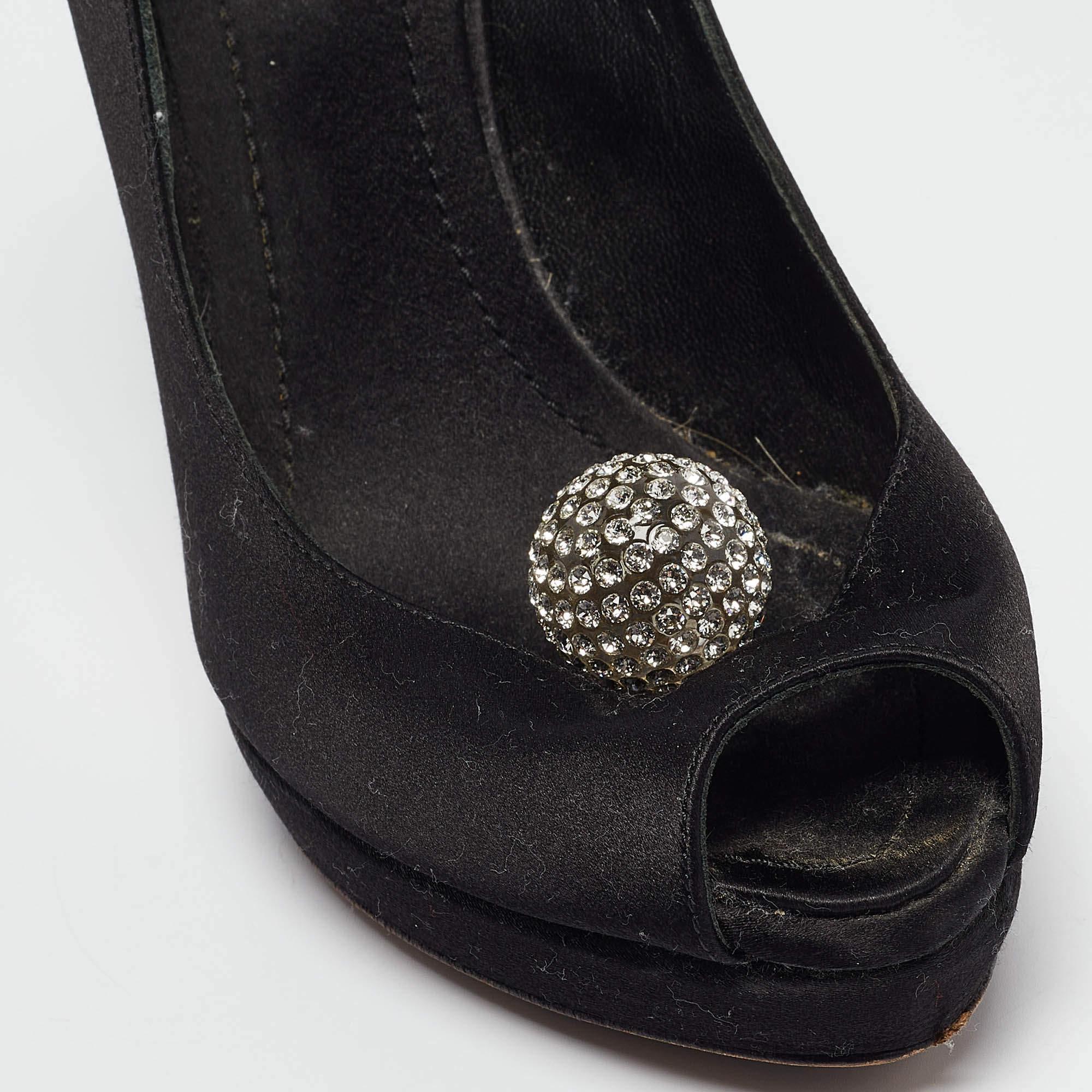 Dior Black Satin Crystal Embellished Disco Ball Peep Toe Pumps Size 37.5 3