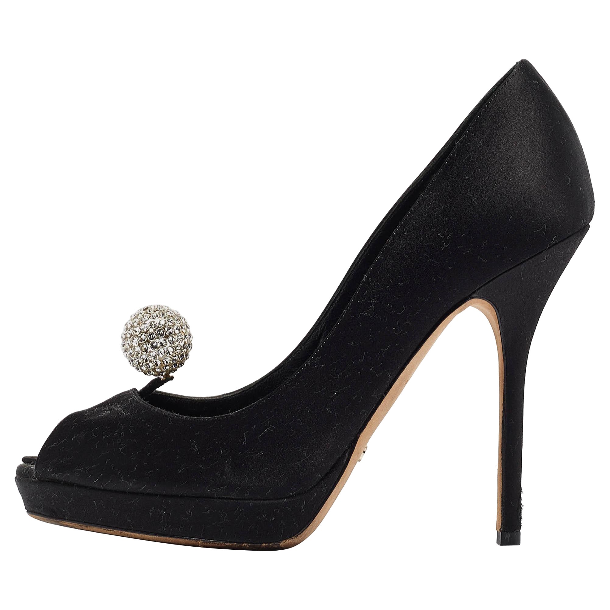 Dior Black Satin Crystal Embellished Disco Ball Peep Toe Pumps Size 37.5